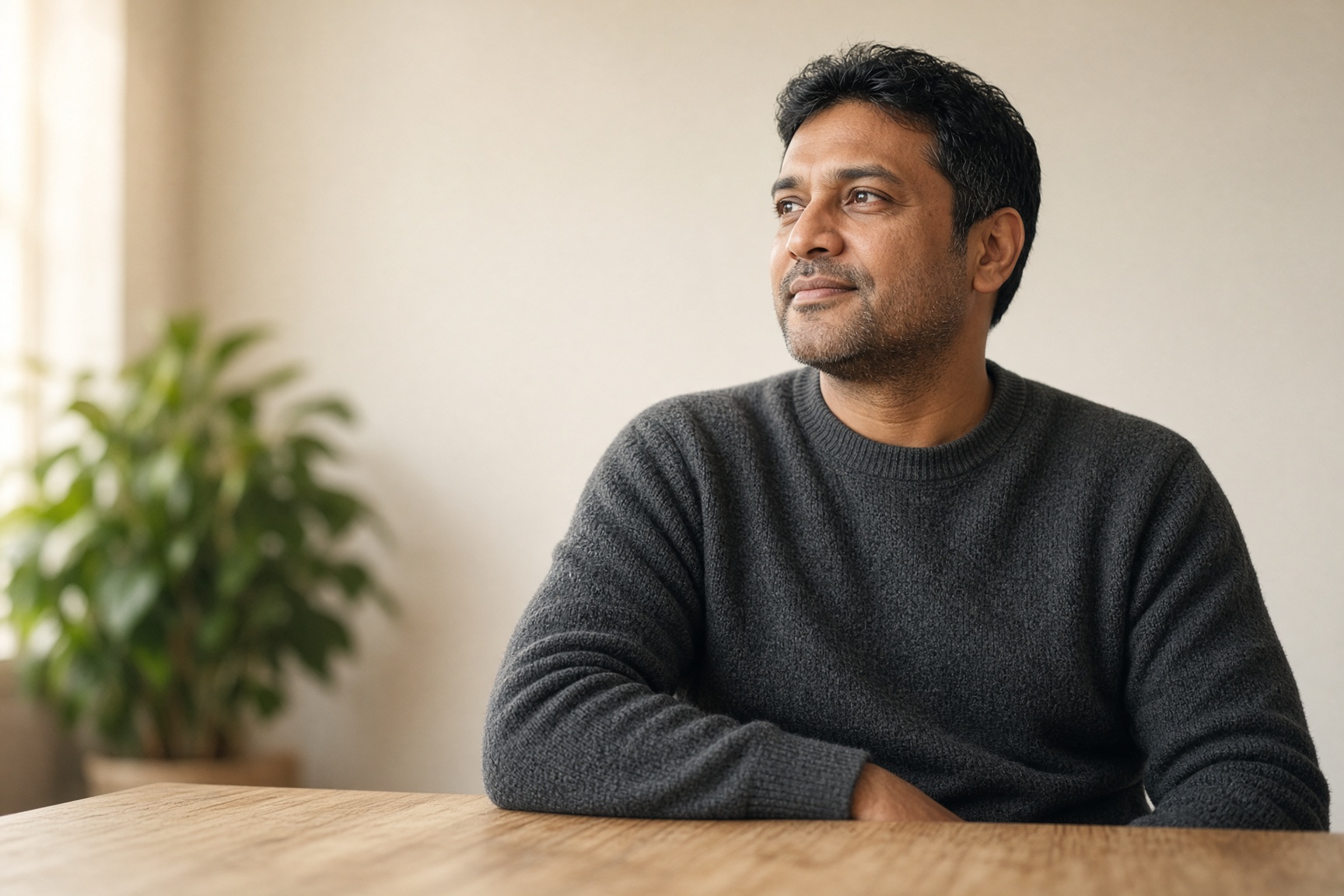 A consultancy owner in morning light, the follow-up already handled.
