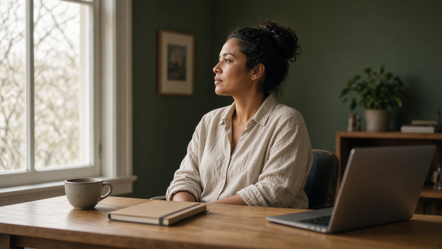 A studio lead at a sunlit desk, pausing before another invoice follow-up.